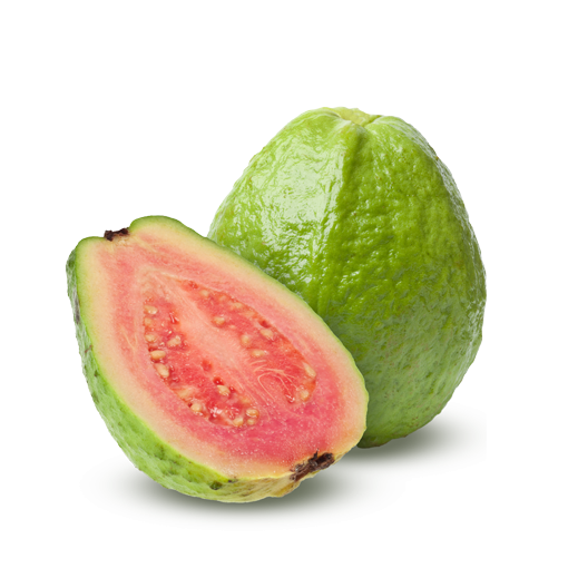 Guava fruit cut in half showing pink interior with seeds